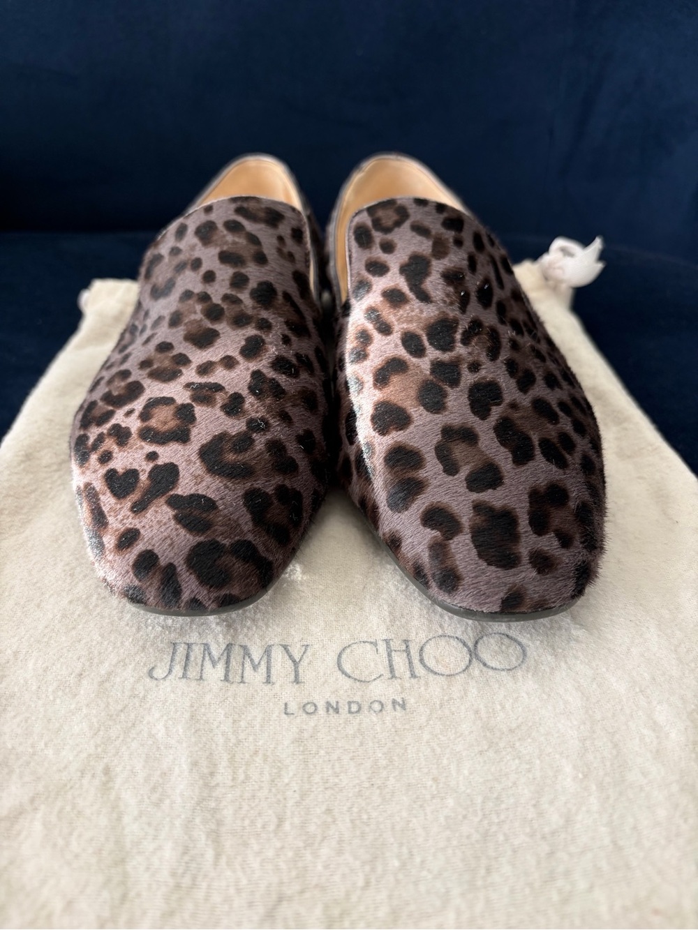 Jimmy Choo Women’s Leopard Print Loafers in Black /Smokey Calf Hair size 38 New